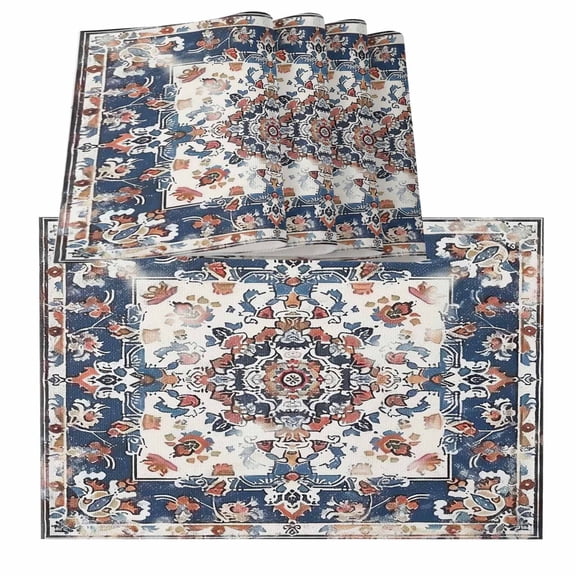 Boho Navy Blue Red Placemats for Dinning Table Set of 6, Southwestern Geometric Vintage Art Burlap Kitchen Place Mats Waterproof Cloth Table Mats, Indoor Outdoor Placemats Easy Clean Dinner Decor