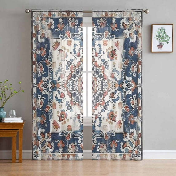 Boho Navy Blue Red Semi Sheer Curtains 72 Inch Length 2 Panels Set, Southwestern Geometric Vintage Art Sheer Kitchen Curtain Privacy Voile Window Curtain for Living Room Bedroom Rod Pocket Drapes