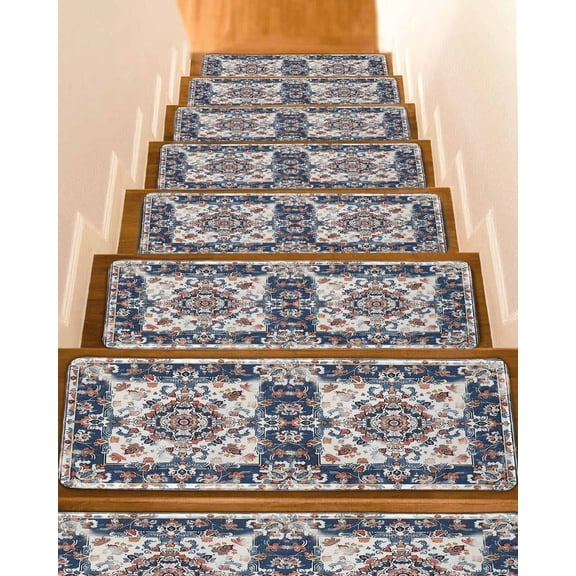 Boho Navy Blue Red Stair Treads for Wooden Steps Indoor Runner Rug Carpet, Southwestern Geometric Vintage Art 4 Pieces Peel and Stick Staircase Step Treads Covers Washable Throw Door Mats, 30"x8"