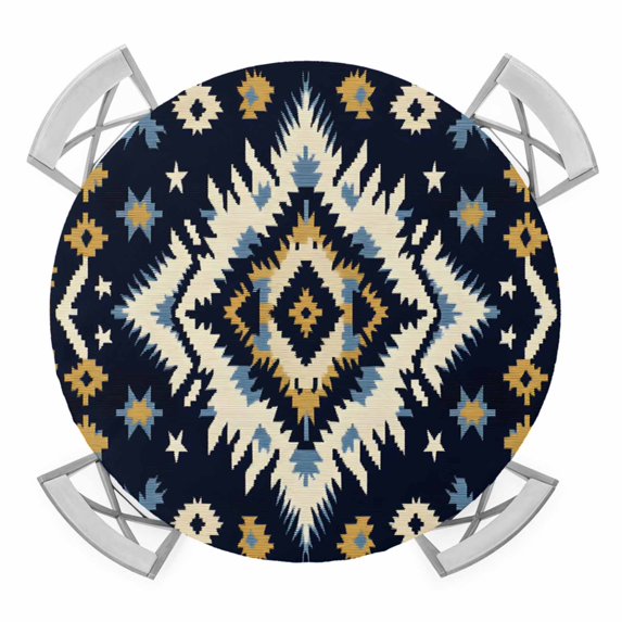 Boho Navy Blue Round Tablecloth for 36-44 Inch Tables,Fitted Table Cover with Elastic Edge,Ethnic Geometric Southwestern Retro Waterproof Outdoor Table Cloth Protector for Patio Garden Dinner Picnic