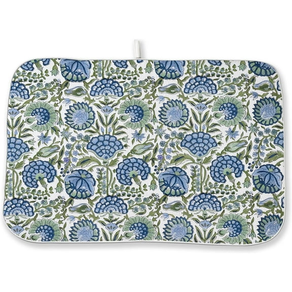 Boho Navy Blue Sage Green Dish Drying Mat 18x24 Inch Vintage Floral Drying Mat Chinoiserie Flower Spring Summer Absorbent Dish Drying Pad Dish Rack Drainer Mats for Kitchen Dining Counter