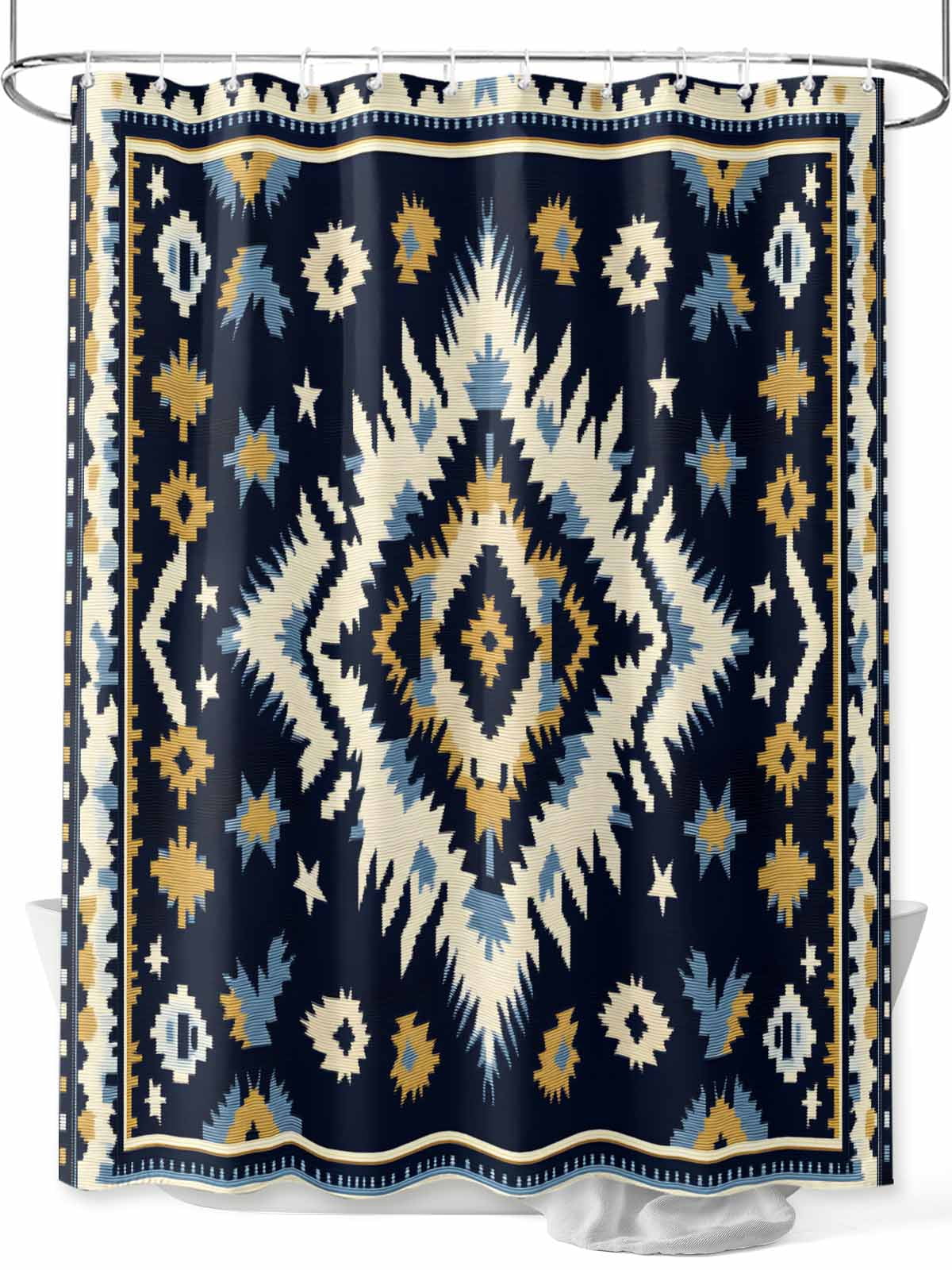 Boho Navy Blue Shower Curtain Set, Waterproof Shower Curtains for Bathroom, Ethnic Geometric Southwestern Retro Washable Fabric Cloth Bath Curtain for Bathtub Decoration with Hooks 72x78 Inches