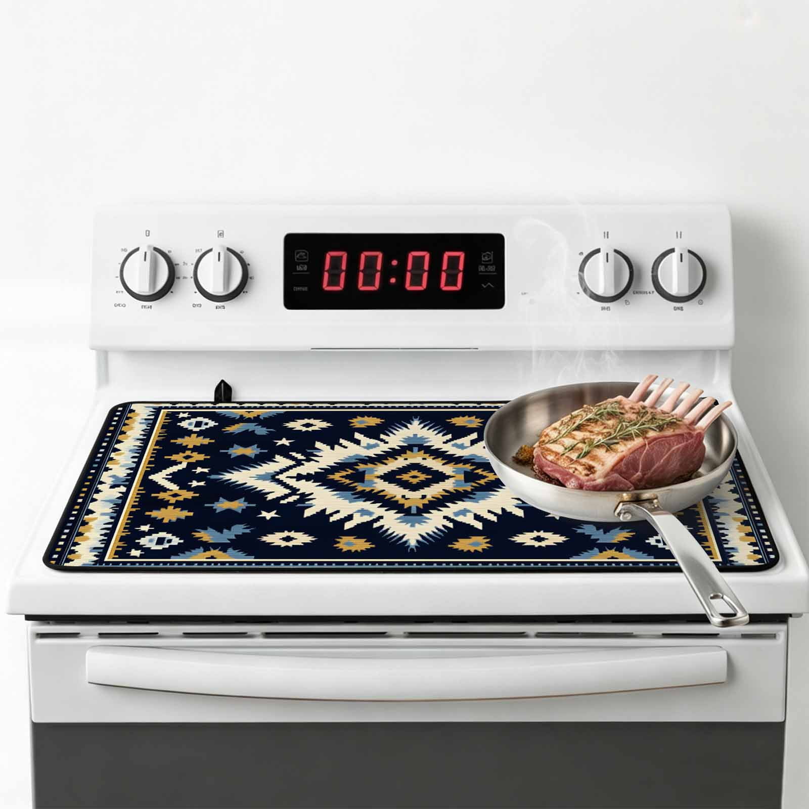 Boho Navy Blue Stove Top Cover for Electric Stove, Heat-proof & Non Slip Glass Top Stove Cover Protector, Ethnic Geometric Southwestern Retro Kitchen Flat Cooktop Rubber Mat 24x21 Inches