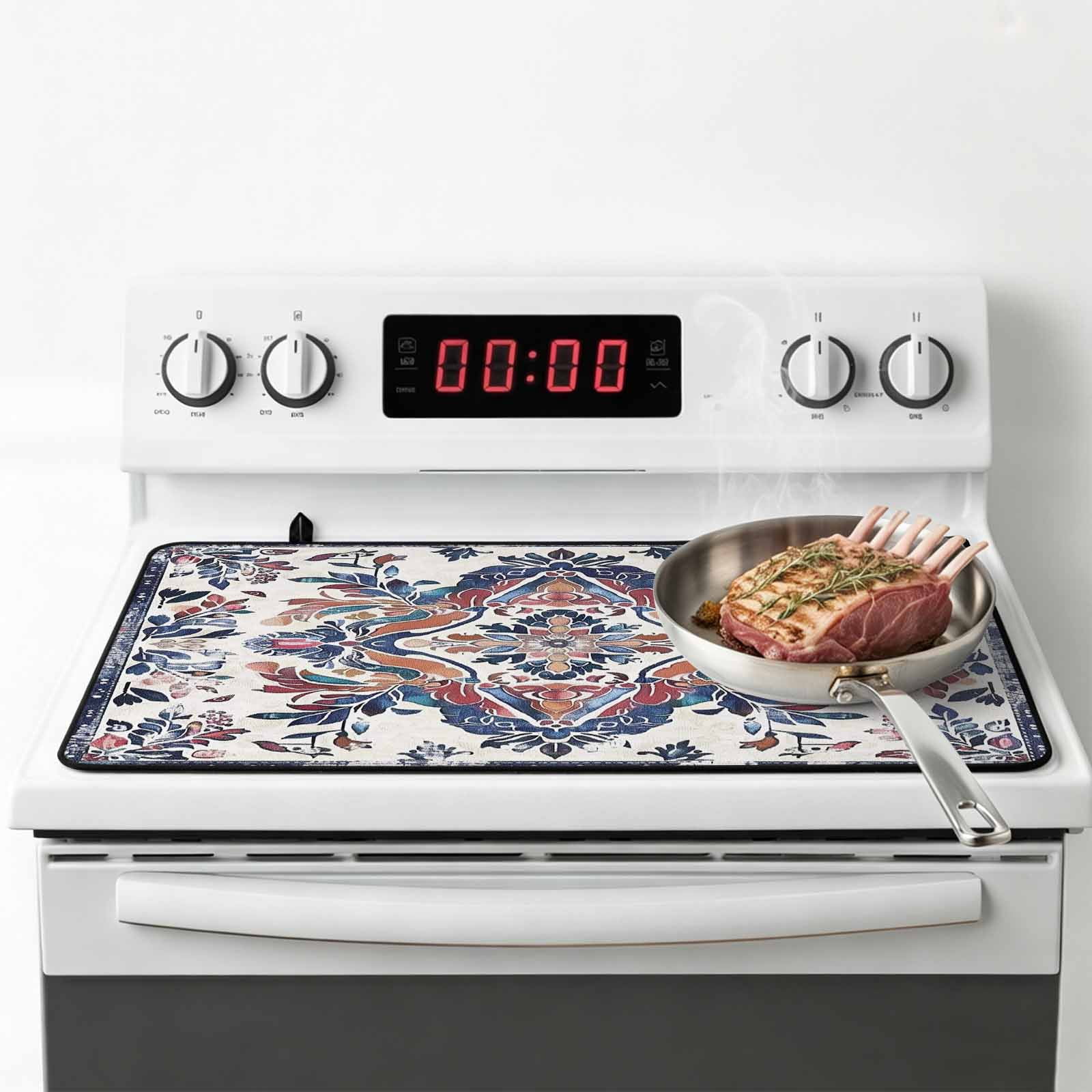 Boho Navy Blue Stove Top Cover for Electric Stove, Heat-proof & Non Slip Glass Top Stove Cover Protector, Vintage Southwestern Geometric Art Kitchen Flat Cooktop Rubber Mat 24x21 Inches