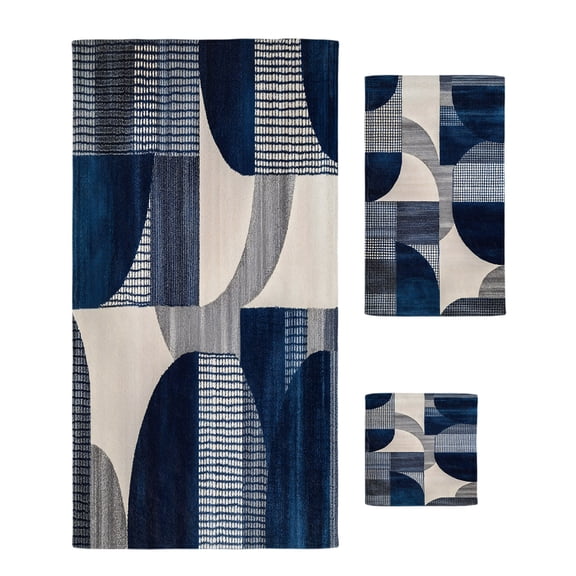 Boho Navy Blue Towel Set of 3, Soft Microfiber Bath Towels, Hand Towel, Washcloths, Modern Geometric Abstract Art Quick-Dry Absorbent Towels for Bathroom Kitchen Hotel Beach Gym Spa