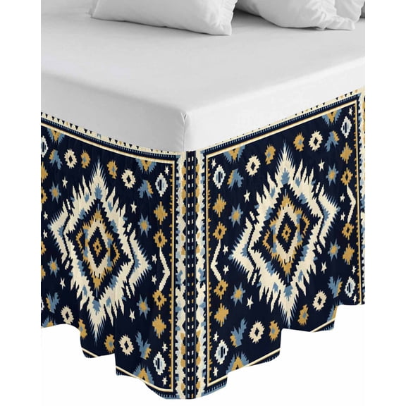 Boho Navy Blue Wrap Around Bed Skirts for Queen Bed 18" Drop,Bed Skirt with Adjustable Elastic Belt Dust Ruffle Bed Valance for Bedroom Hotel Ethnic Geometric Southwestern Retro Bed Frame Cover