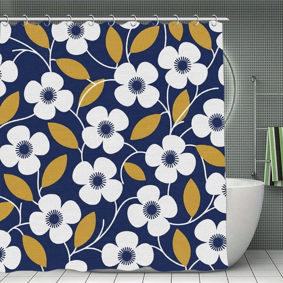 Boho Navy Blue Yellow Floral Print Shower Curtain,Modern Fabric Waterproof Shower Curtain Set with Hooks 70.8×70.8Inch (180×180cm)