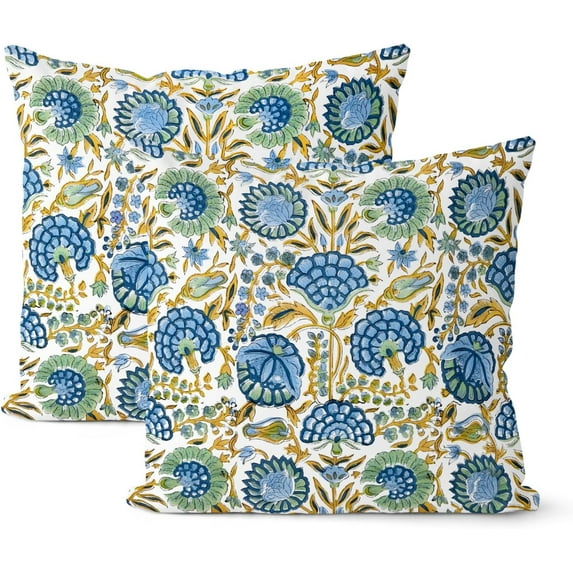 Boho Navy Blue Yellow Pillow Covers 16x16 Inch 2 Pcs Sage Green Vintage Floral Decor Throw Pillows Summer Outdoor Spring Flower Farmhouse Decoration Pillowcase Cushion Cover for Couch Sofa Bed