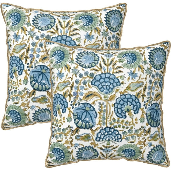 Boho Navy Blue Yellow Pillow Covers 18x18 Inch 2 Pcs Sage Green Vintage Floral Decor Throw Pillows Spring Flower Summer Outdoor Farmhouse Decoration Pillowcase Cushion Cover for Couch Sofa