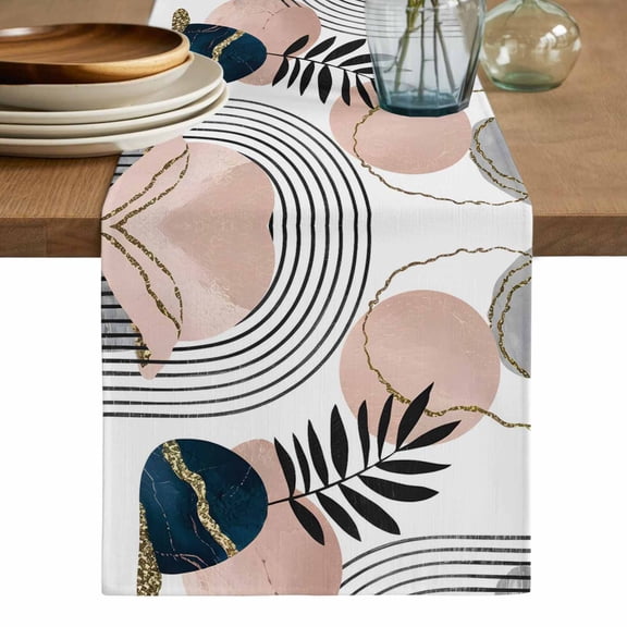 Boho Navy Table Runner, Blue Gold Bohemian Tropical Palm Tree Leaf Washable Cotton Linen Table Runners 36 Inches Long, Dresser Scarf Runner for Nightstand/End Tables/Round Tables 13''x36''