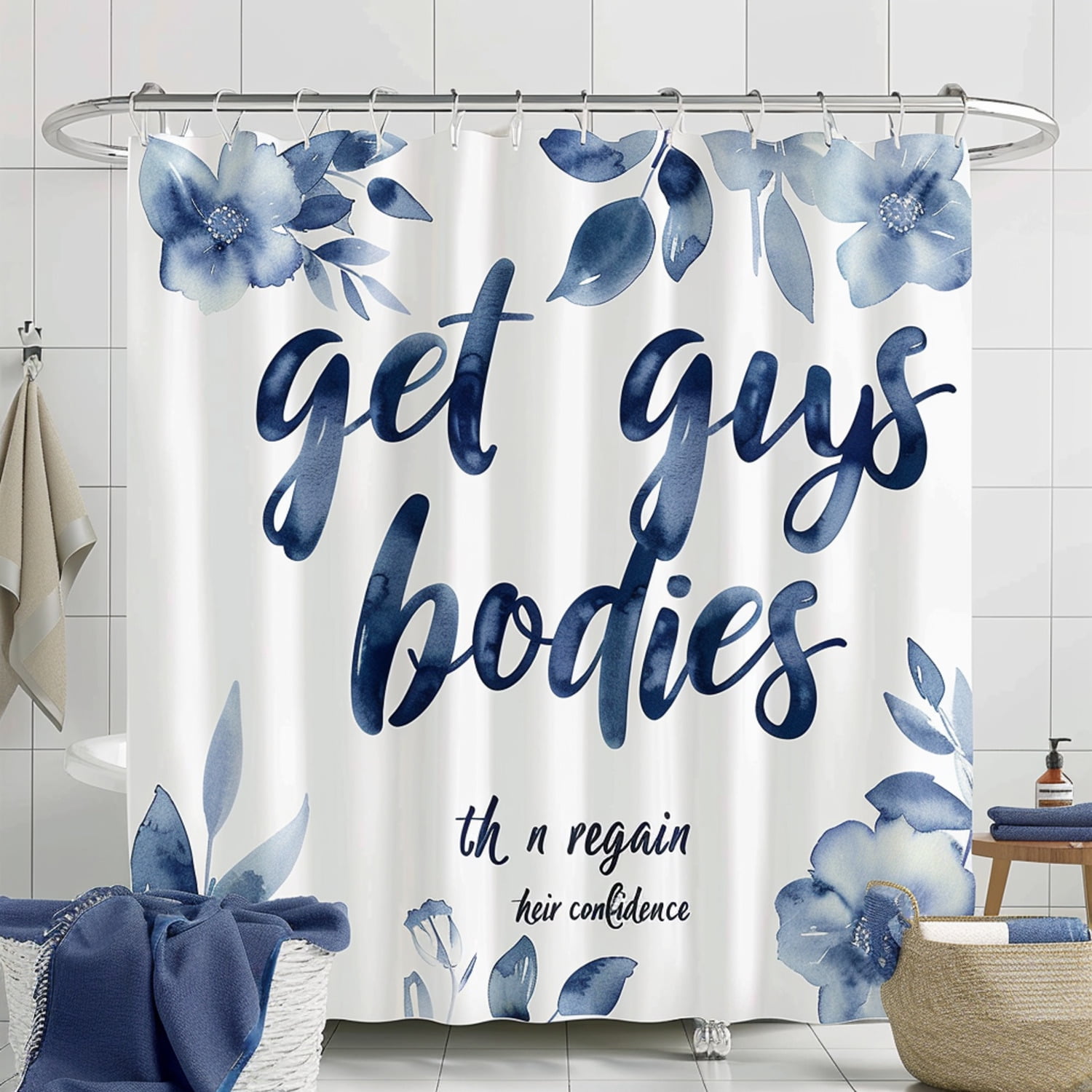 Boho Navy and White Watercolor Shower Curtain with Calligraphy Font