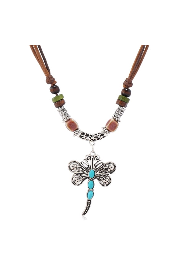 Boho Necklace for Women, Vintage Turquoise Dragonfly Necklace Adjustable Wooden Beads Braided Necklace Fashion Tribal Style Leather Rope Necklace Jewelry