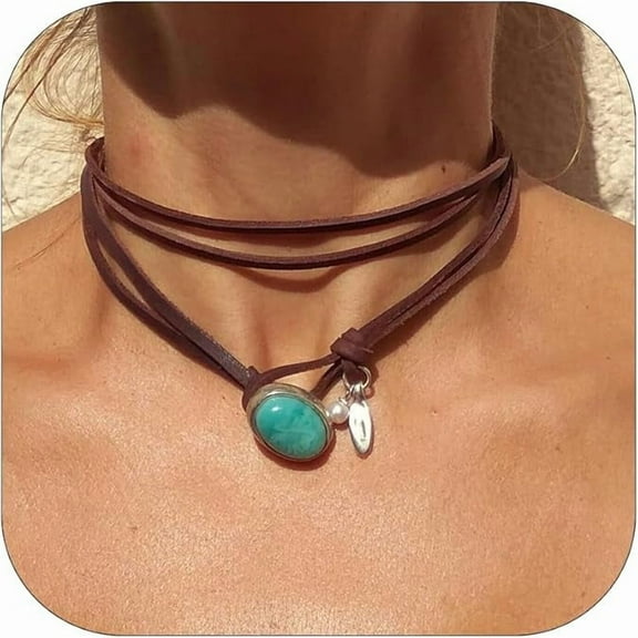 SkyAuks Boho Necklaces for Women Country Concert Outfits Black Necklaces Trendy Long Necklaces Western Bohemian Jewelry Brown Suede Wrap Leather Necklace Halloween Renaissance Costume Women 2025