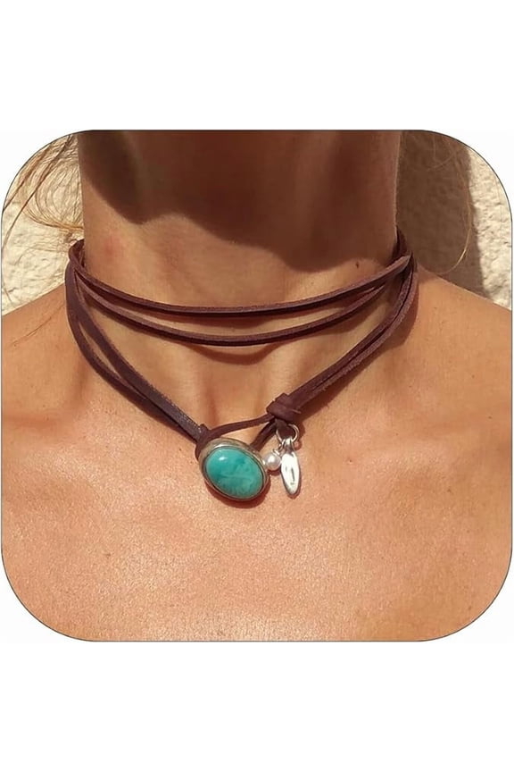 Boho Necklaces for Women Country Concert Outfits Black Necklaces Trendy Long Necklaces Western Bohemian Jewelry Brown Suede Wrap Leather Necklace Halloween Renaissance Costume Women 2025