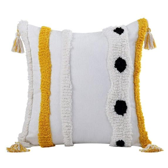 Boho Neutral Decorative Throw Pillow Covers - Woven Tufted Pillowcase with Tassels Rustic Pillow Sham Pillowcase Cushion Case for Sofa Couch Bedroom Car Living Room (18X18 Inch, Yellow)