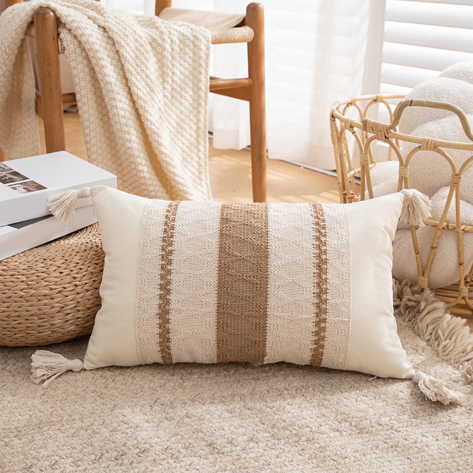 Boho Neutral Lumbar Decorative Throw Pillow Cover 12x20 Inch for