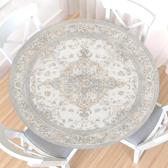 Boho Neutral Round Fitted Tablecloth with Elastic Edge,Water-Resistant Oriental Vintage Carpet Beige Grey Cream Table Cover for 36-40" Found Tables Floral Table Cloth for Dinner,Outdoor,Patio