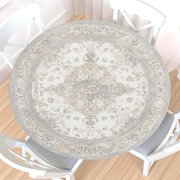 Boho Neutral Round Fitted Tablecloth with Elastic Edge,Water-Resistant Oriental Vintage Carpet Beige Grey Cream Table Cover for 40-44" Found Tables Floral Table Cloth for Dinner,Outdoor,Patio