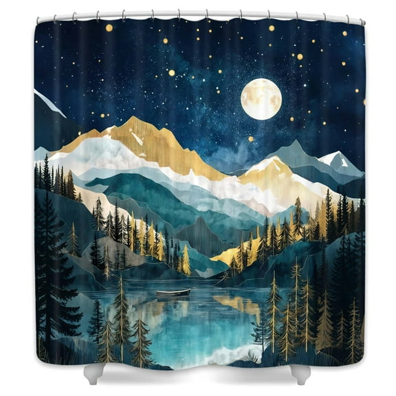 Boho Night Mountain Shower Curtain,Nature Forest Tree Lake Moon Boat Bathroom Curtains,Bohemian Minimalist Mid Century Retro Aesthetic Minimalist Fabric Bath Curtain with Hooks,69X70 IN