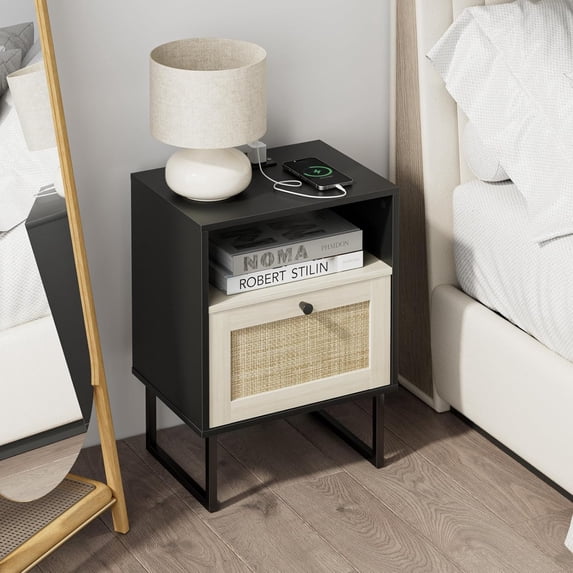Boho Night Stand, Small Rattan Side Table, Wood Functional Nightstand with Drawer and Charger