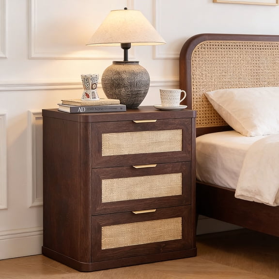 Boho Night Stands Bedside Cabinet, Rattan Farmhouse Nightstands with 3 Drawers End Table Bed Side Table for Bedroom Enrtyway, Walnut