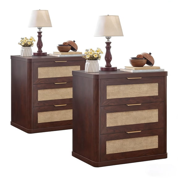Boho Night Stands Bedside Cabinet Set 2, Rattan Farmhouse Nightstands with 3 Drawers End Table Bed Side Table for Bedroom Enrtyway, Walnut