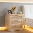 thumbnail image 1 of Boho Night Stands with Charger for Narrow Spaces, 24.2" Tall Rattan Nightstands with 3 Drawers, Bedside Table Wood End Table for Living Room Hallway, Natural, 1 of 8