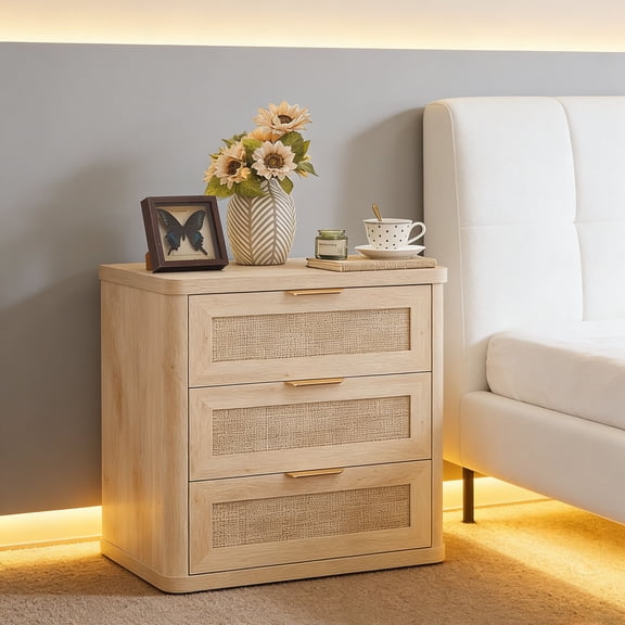 Boho Night Stands with Charger for Narrow Spaces, 24.2" Tall Rattan Nightstands with 3 Drawers, Bedside Table Wood End Table for Living Room Hallway, Natural