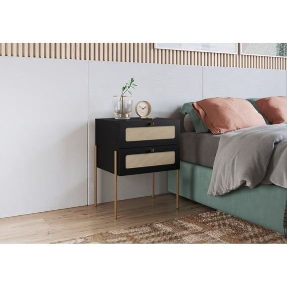 Boho Nightstand End Table with Gold Iron Legs Rattan 2 Drawers - Nero Black