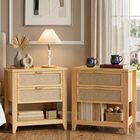Boho Nightstand Set of 2 with 2 Fabric Drawers and Open Shelf, Wood Bedside Table End Tables for Bedroom and Living Room, Natural Oak