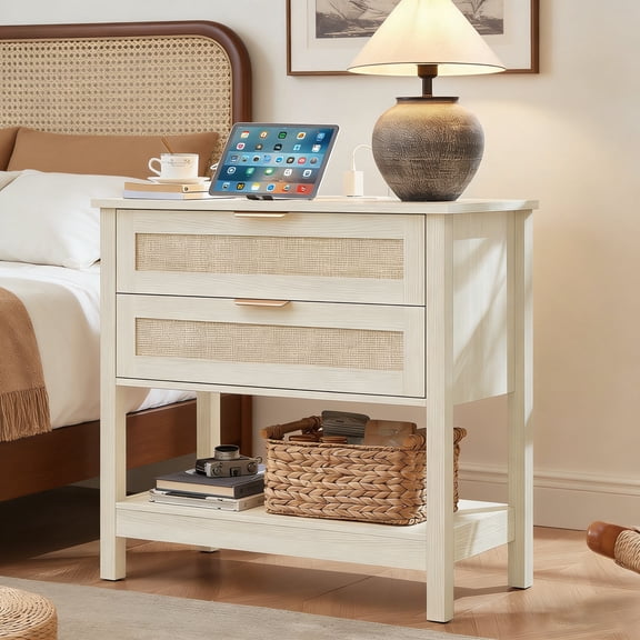 Boho Nightstand with Charging Station, Wood Bedside Table with 2 Drawers and Open Shelf, Mid Century End Table for Living Room Office, White