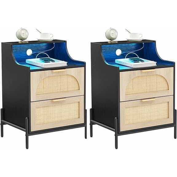 Boho Nightstand with Charging Station and LED Light, Rattan Bedside Table Featuring 2 Drawers, Farmhouse Accent Side Table for Bedroom