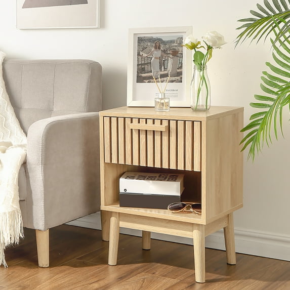 Boho Nightstand with Drawer and Open Shelf Bedside End Table for Living Room Bedroom Oak Color(13.8"D x 15.7"W x 21.6"H)