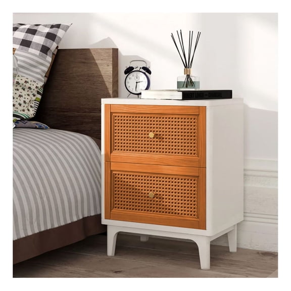 Boho Nightstand with Drawers - 18" White Rattan Accent Table - Bedroom Side Table - Living Room End Table - Rustic Chic Decor with Storage