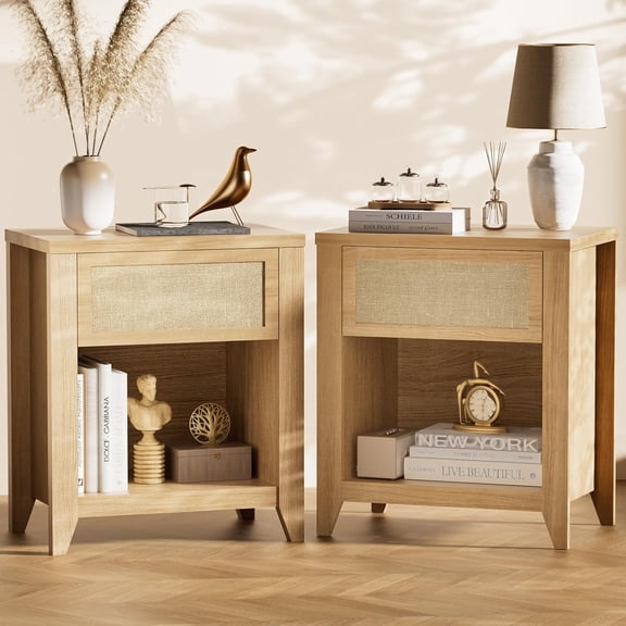 Boho Nightstands Set of 2, Farmhouse Night Stand Bedside Table with Drawer and Storage Shelf Rattan End Tables Side Tables for Bedroom Sofa Couch Office,Small Space, Oak