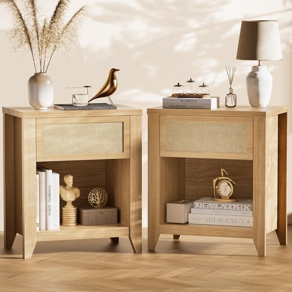 Boho Nightstands Set of 2,  Night Stand Bedside Table with Drawer and Storage Shelf Rattan End Tables Side Tables for Bedroom Sofa Couch Office,Small Space, Oak