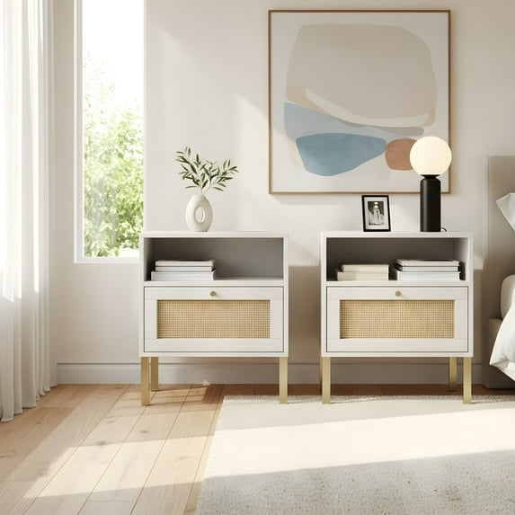 Boho Nightstands Set of 2 with Rattan Door - Modern Bedroom Accent Tables