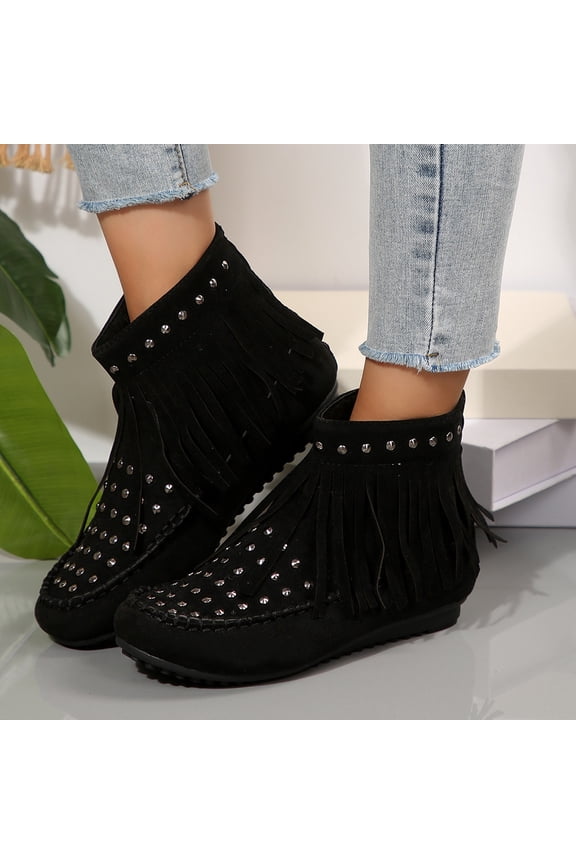 Boho Non Slip Shoes, Womens Fringe Boots, Studded Ankle Booties, Suede Moccasin Boots, Women Fringe Ankle Boots Spiked Studded Suede Moccasin Booties Flat Non Slip Warm Winter Shoes, Black 7