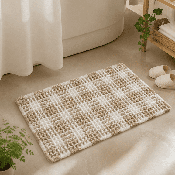 Boho Non Slip Waffle Bath Mat, Absorbent Quick Dry Checkered Bathroom Rug 24"x16", Farmhouse Washable Beige Mat for Entryway Kitchen Decor