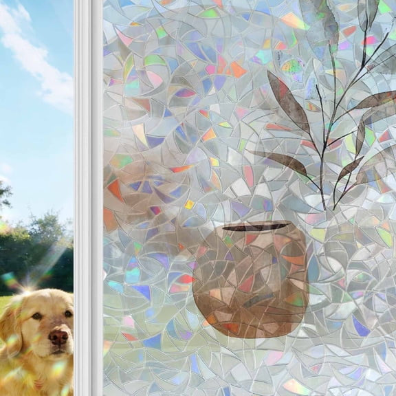 Boho Nordic Rainbow Window Privacy Film, Abstract Modern Watercolor Leaf Color Block Stained Glass Window Film, Sun Blocking Glass Clings Static Cling Non Adhesive Door Stickers 35.4 x 78.7 Inches