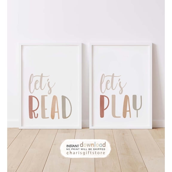 Boho Nursery Prints Lets Read Lets Play Wall Art Set 2 Unframed Paper Print 8x12