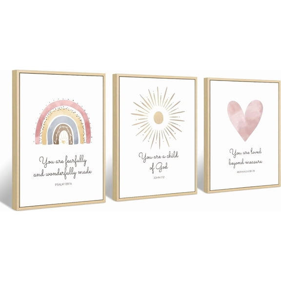 Boho Nursery Wall Art 3 Pieces Bible Verse Nursery Art Christian Girls Nursery Wall Art Heart Rainbow Sun Nursery Art Print Boho Sunshine Decor for Girl Baby Kid Room Decor 12x16 Inch Unframed