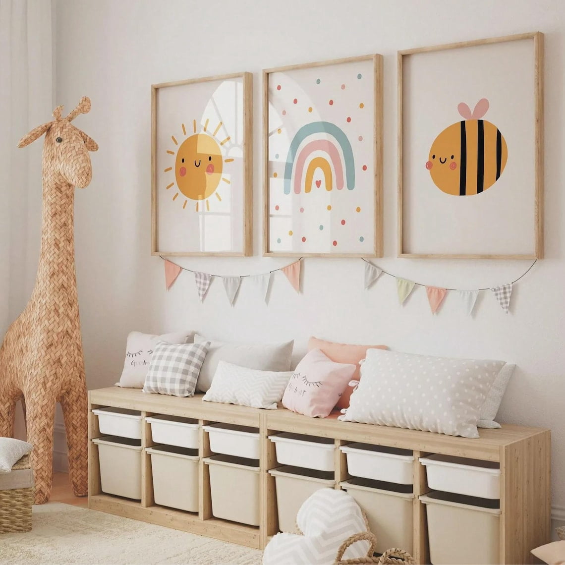 Boho Nursery Wall Art Set of 3, Sun Rainbow And Bumble Bee Prints ...