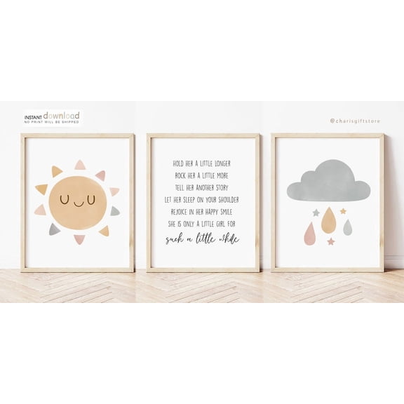 Boho Nursery Wall Art Sun Cloud Quote Set 3 Stretched Canvas 16x24