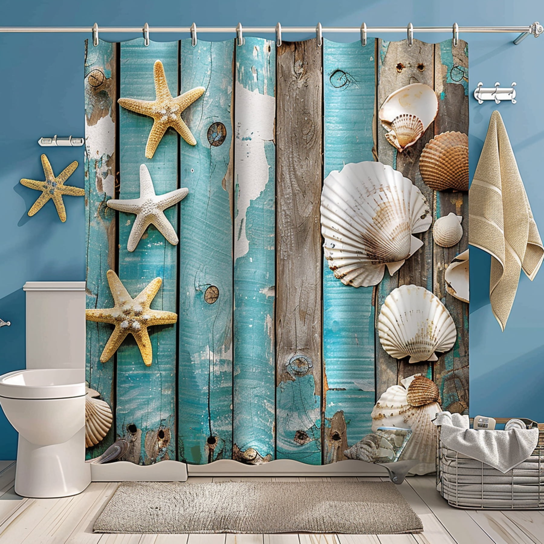 Boho Ocean Beach Themed Bathroom Set with Seashells and Starfish