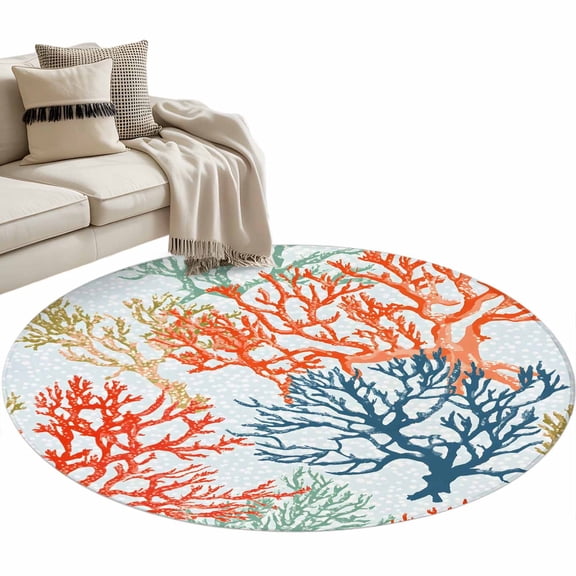 Boho Ocean Coral Large Area Rugs for Bedroom Living Room, Soft Non Slip Carpet Bedside Rug, Orange Blue Ombre Green Polka Dots Round Floor Cover Kitchen Accent Rug 4' for Dining Room/Office