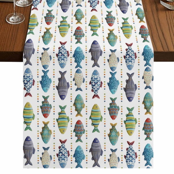 Boho Ocean Fish Burlap Cotton Table Runner 13x120 Inches Long, Cartoon ...