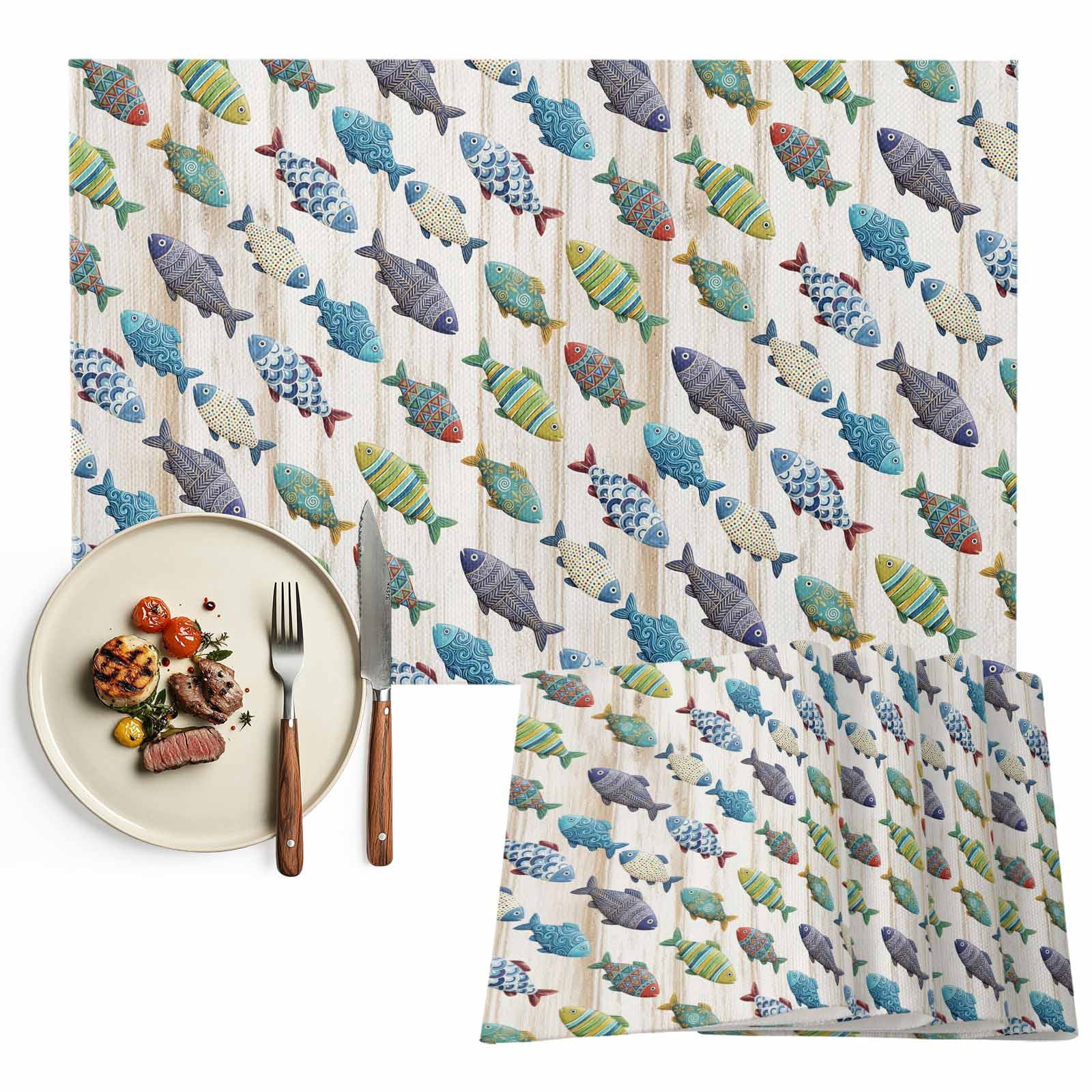 Boho Ocean Fish Placemats Set of 2, Cartoon Ethic Bohemia Cute Texutred ...
