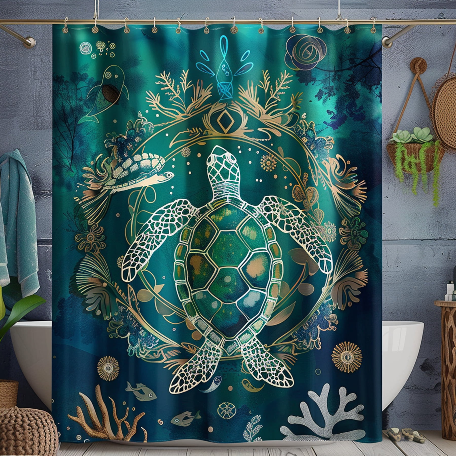 Boho Ocean Life Teal Green Shower Curtain Sea Turtle and Creatures