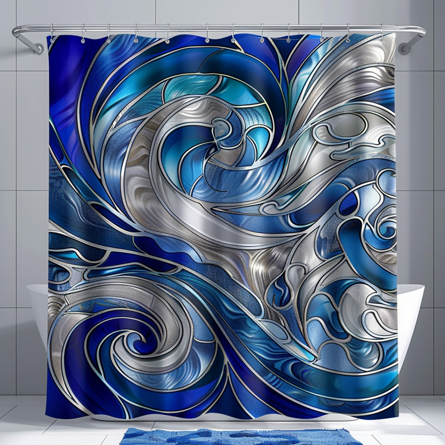 Boho Ocean Wave Shower Curtain with Whale Tail Design Blue and Silver